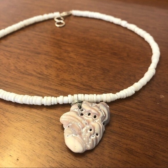 Handmade Necklace White Wire-Wrapped Found Shell Pendant with Puka Shell Beads - Picture 1 of 5